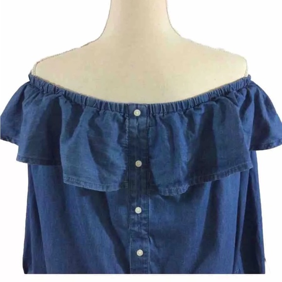 Ann Taylor Denim Off The Shoulder Cotton Blouse Size Large - Picture 6 of 9